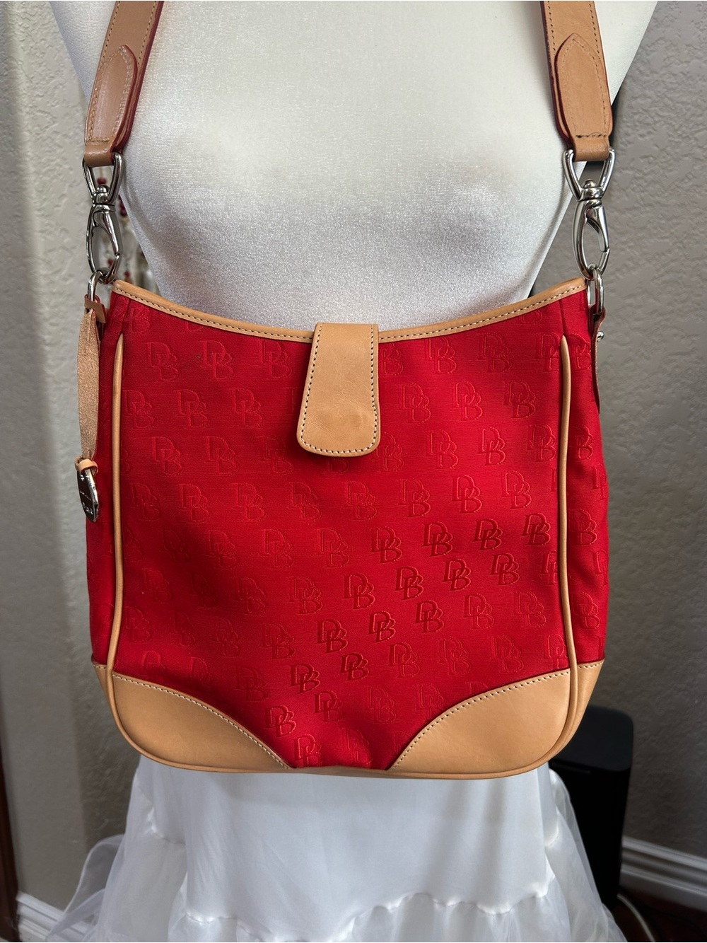 Dooney & Bourke Red Shoulder Bag with Tan Trim